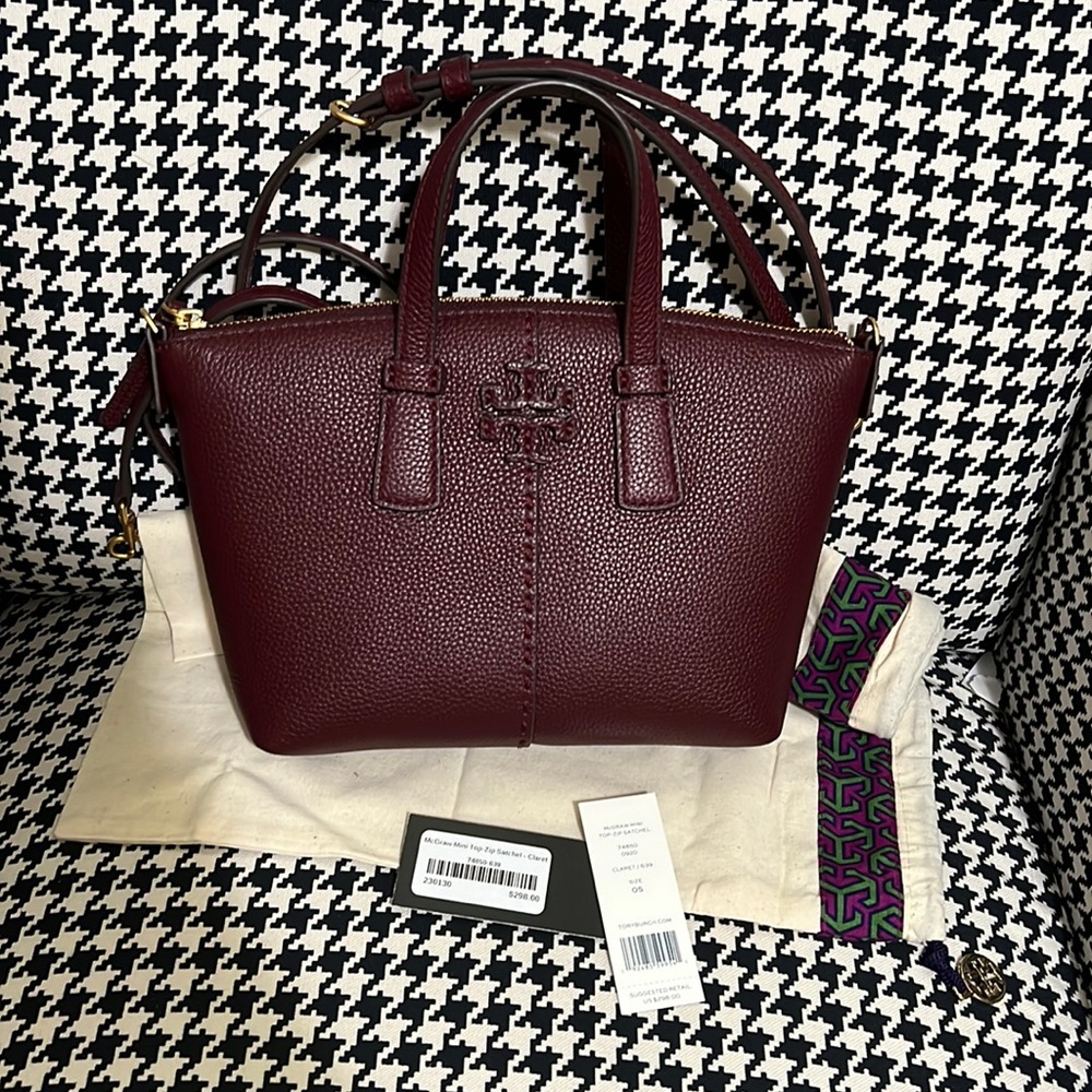 Tory Burch McGraw Top Zip Mini Satchel in Claret Burgundy